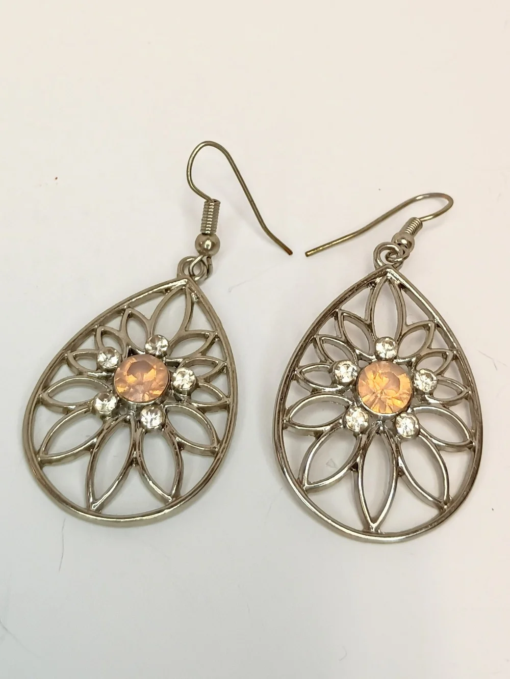 Silver Teardrop Filigree Earrings with Peach Center Stones